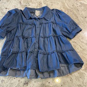 Francesca's Top Blue Rain Tiered Ruffle Light Denim Crop Shirt Large Blouse